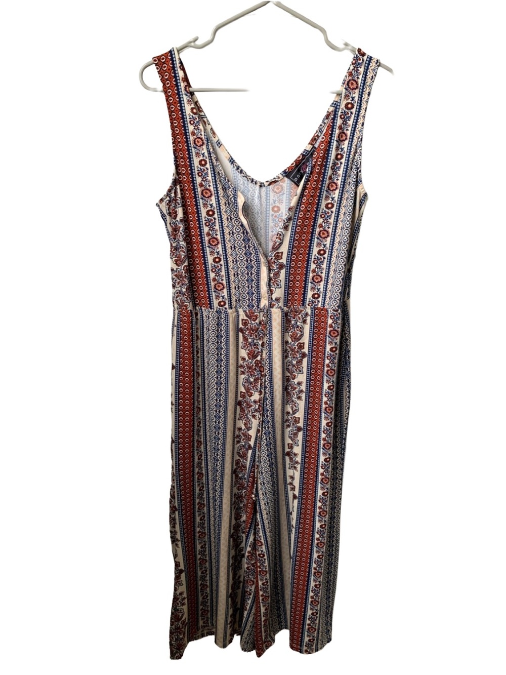 POLLY & ESTHER Women’s Cream Blue Brick Red Print Sleeveless V-neck Jumpsuit
